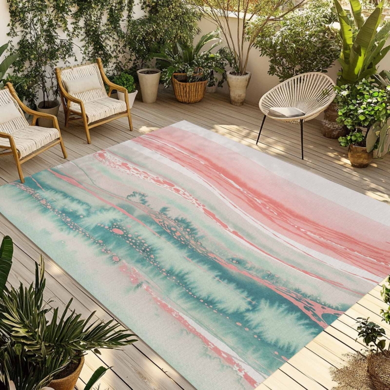 Area Rug Fluid Ombre Design Peach Blue Modern Art Pattern Vibrant Patio