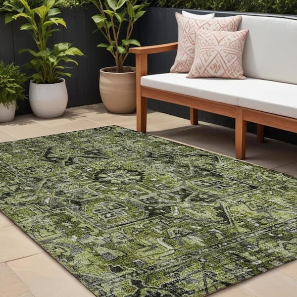 Area Rug Forest Green Oriental Pattern Floral Motifs Patio Mat