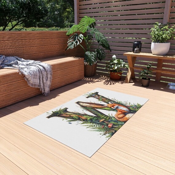 Area Rug Fox Illustration Teal Background Whimsical Botanical Patio