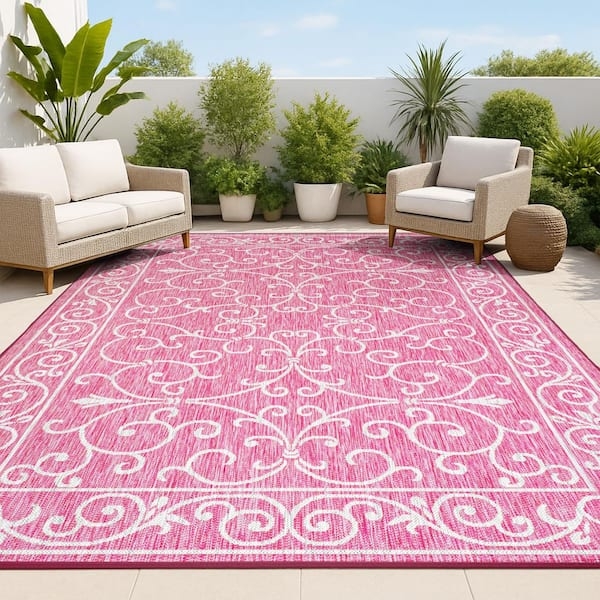 Area Rug Fuchsia Palette Distressed Filigree Vintage Bohemian