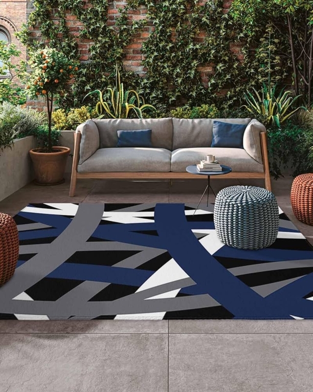 Area Rug Geometric Abstract Pattern Navy and Grey Flatweave Deck Decor