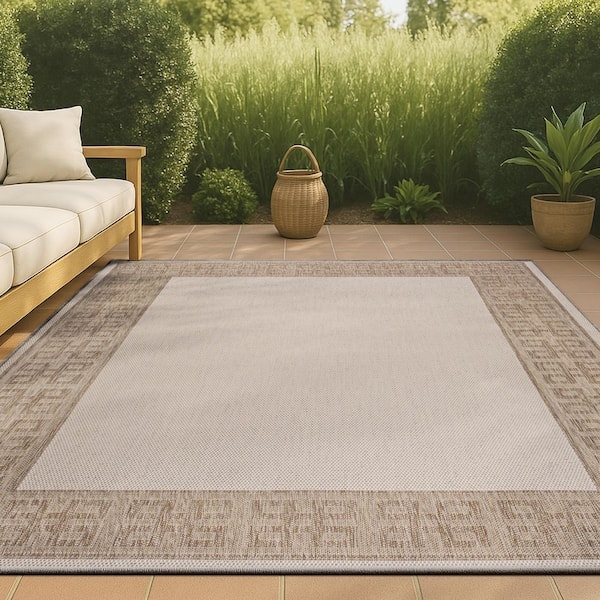 Area Rug Geometric Border Cream Beige Flatweave Traditional Deck Decor