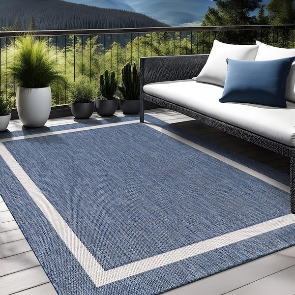 Area Rug Geometric Border Navy White Low Profile Coastal