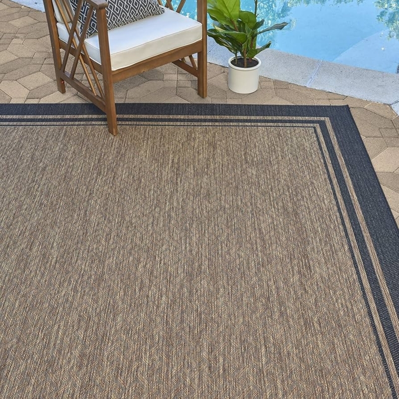 Area Rug, Geometric Fretwork Border, Black and Tan, Indoor Outdoor