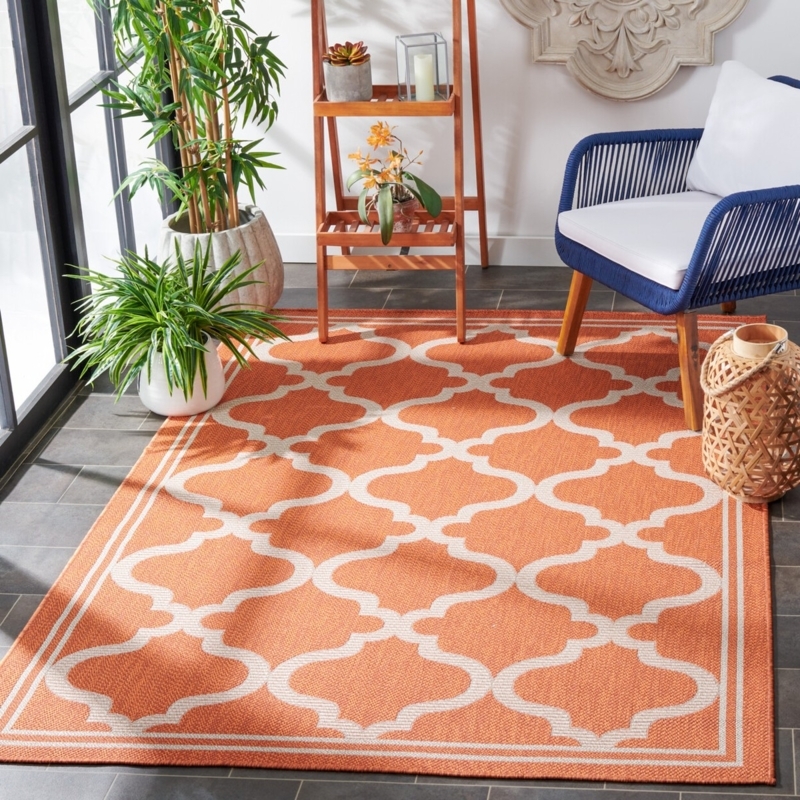 Area Rug Geometric Fretwork Border Ivory Transitional Patio Decor