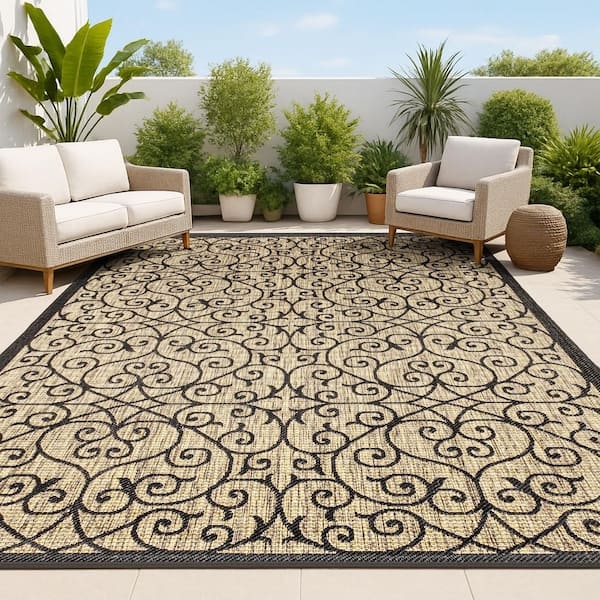 Area Rug Geometric Greek Key Border Black Flatweave For Deck Patio