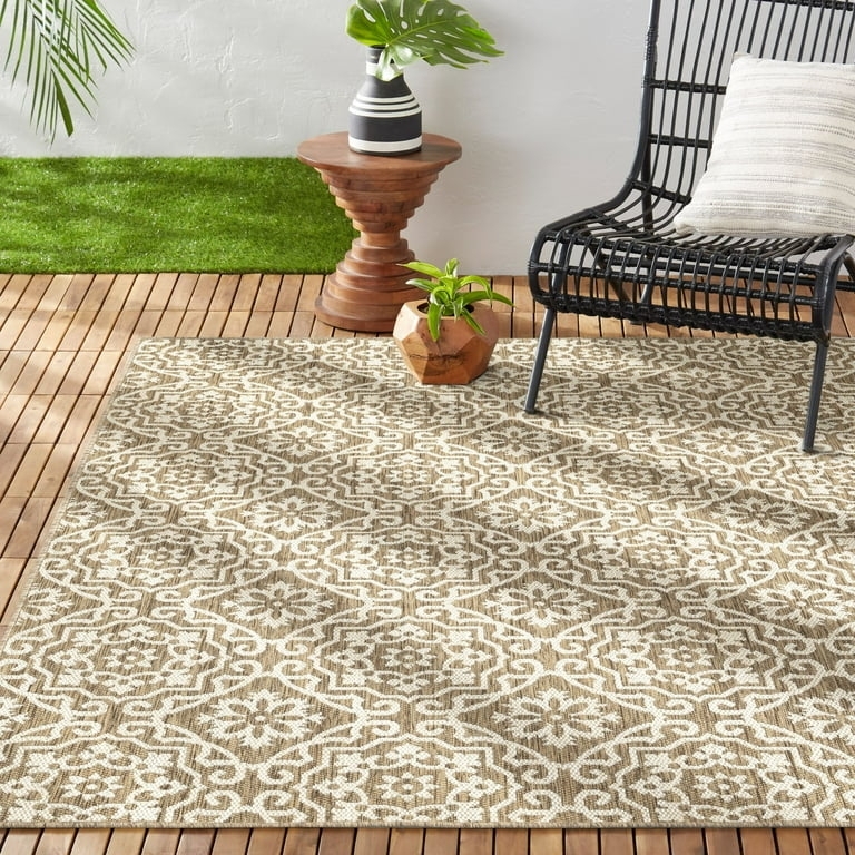 Area Rug: Geometric Lattice Pattern Brown Transitional