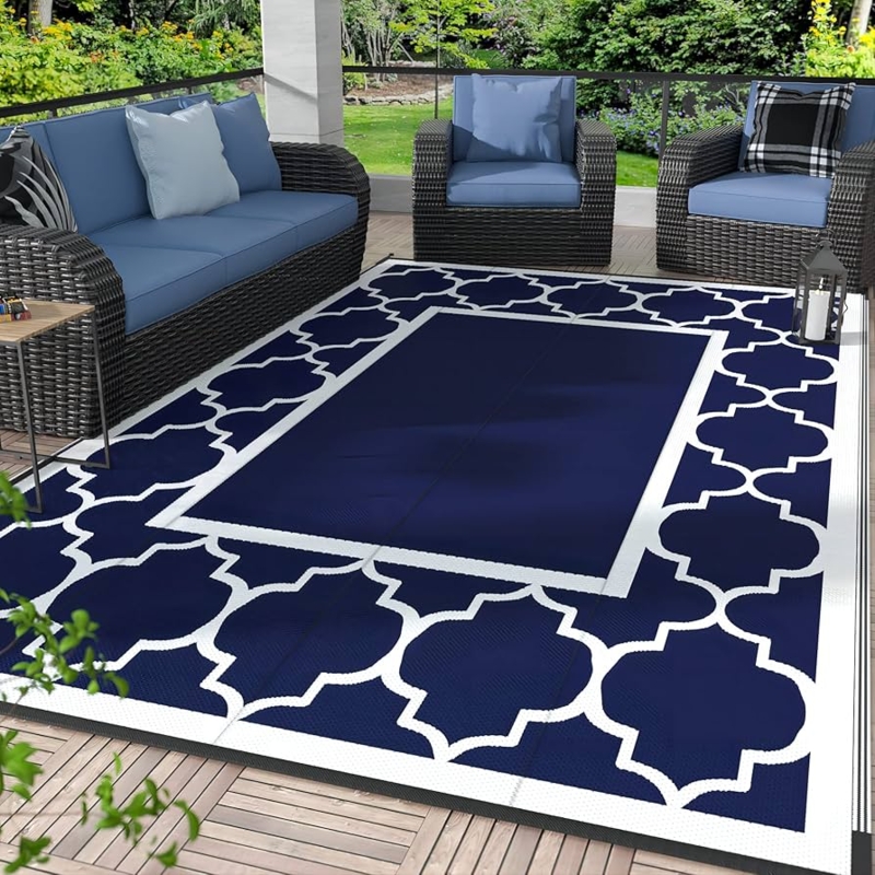 Area Rug Geometric Pattern Patio Mat Navy White Fretwork Reversible