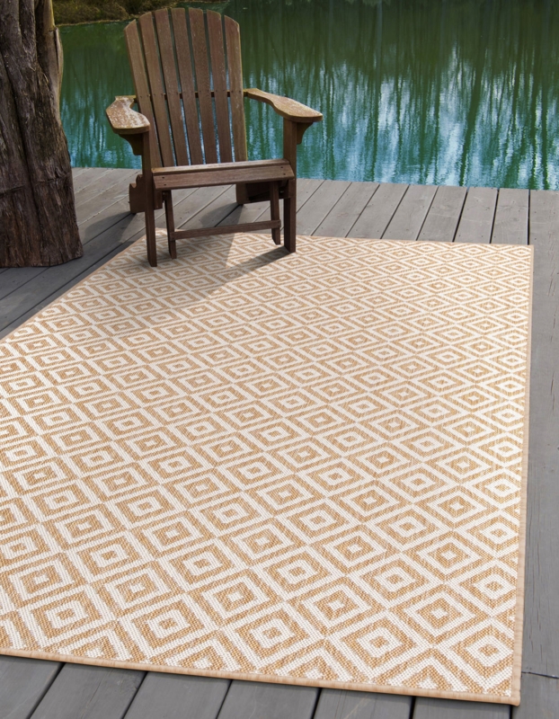 Area Rug Geometric Tile Beige Navy Blue Coastal Flatweave Deck