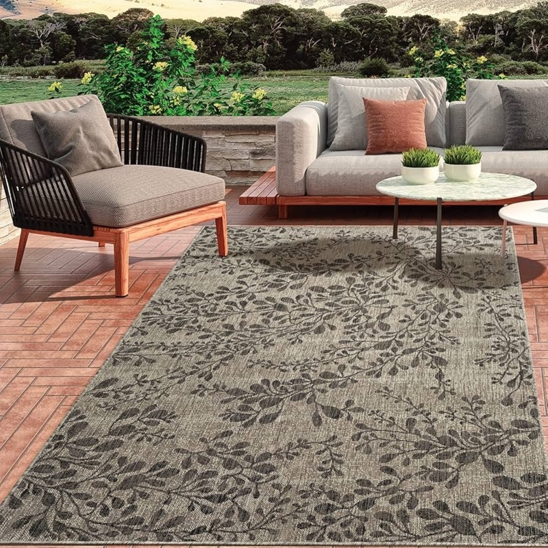Area Rug Gray and White Floral High Contrast Patio Decor