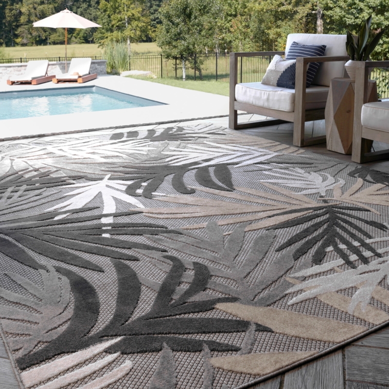 Area Rug: Gray Botanical Pattern, Low Pile Indoor Outdoor Decor