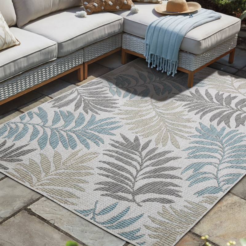 Area Rug: Gray Large Scale Botanical, Tropical Leaf Outdoor Area Rug