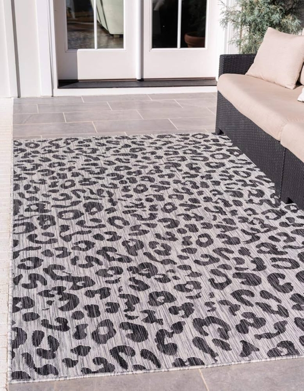 Area Rug Gray Monochrome Leopard Print Outdoor Patio Mat