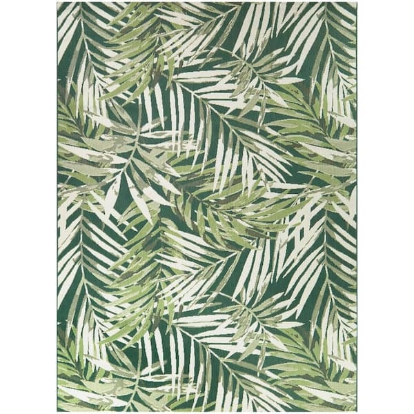 Area Rug Green Oversized Palm Leaf Pattern Flatweave Patio