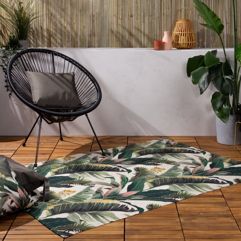 Area Rug Green Tropical Leaf Pattern Flat Weave Patio Mat