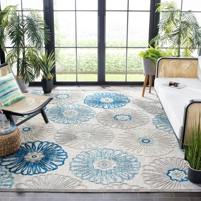 Area Rug Grey Blue Cream Trellis Pattern Flat Weave Coastal Style