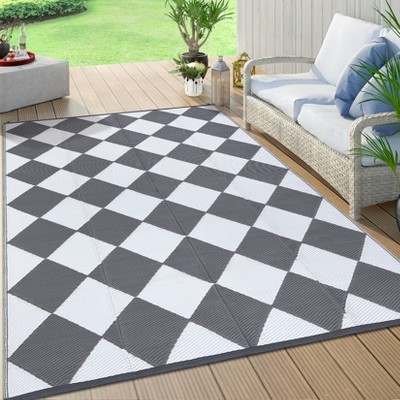 Area Rug Grey White Checkerboard Woven Flatweave Deck Decor
