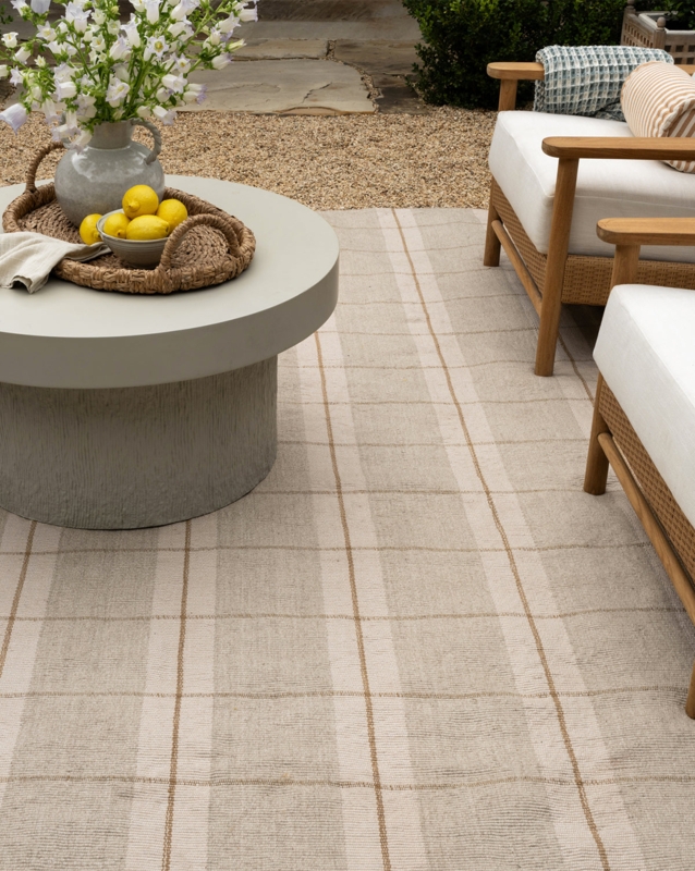 Area Rug: Handwoven Linear Stripes Cream Indoor Outdoor