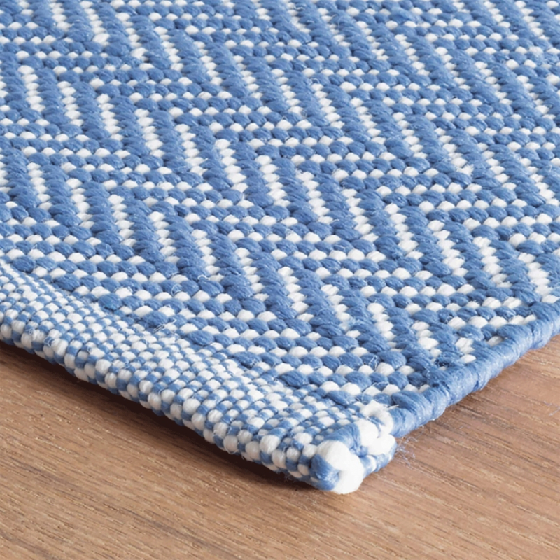 Area Rug Herringbone Pattern French Blue White Bound Edges