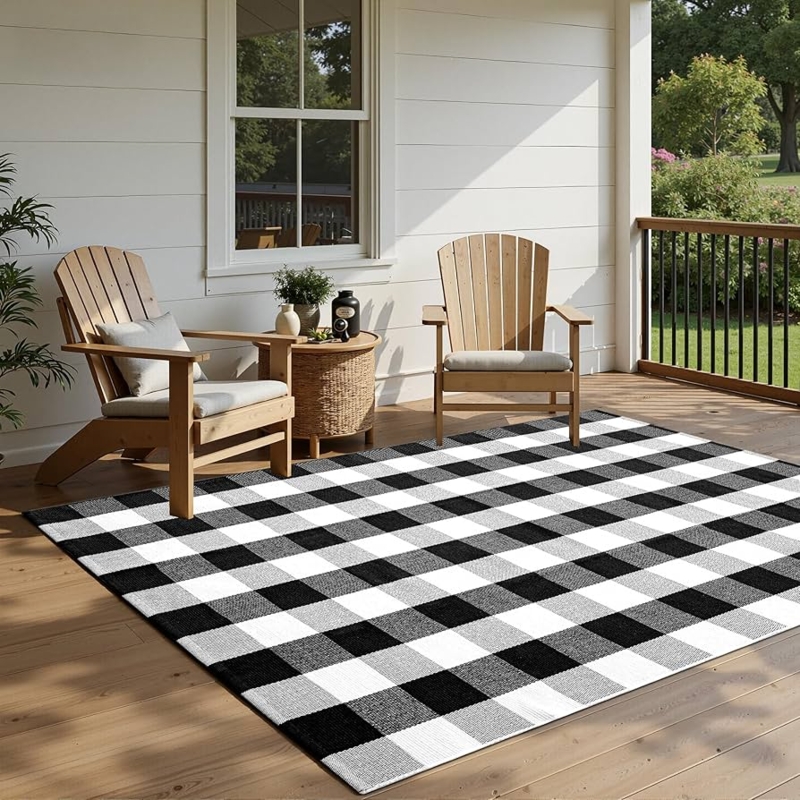Area Rug High Contrast Black White Buffalo Plaid Woven Decor