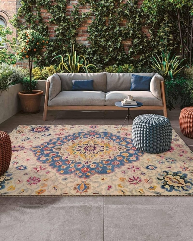 Area Rug High Contrast Navy Turkish Medallion Pattern Woven Texture