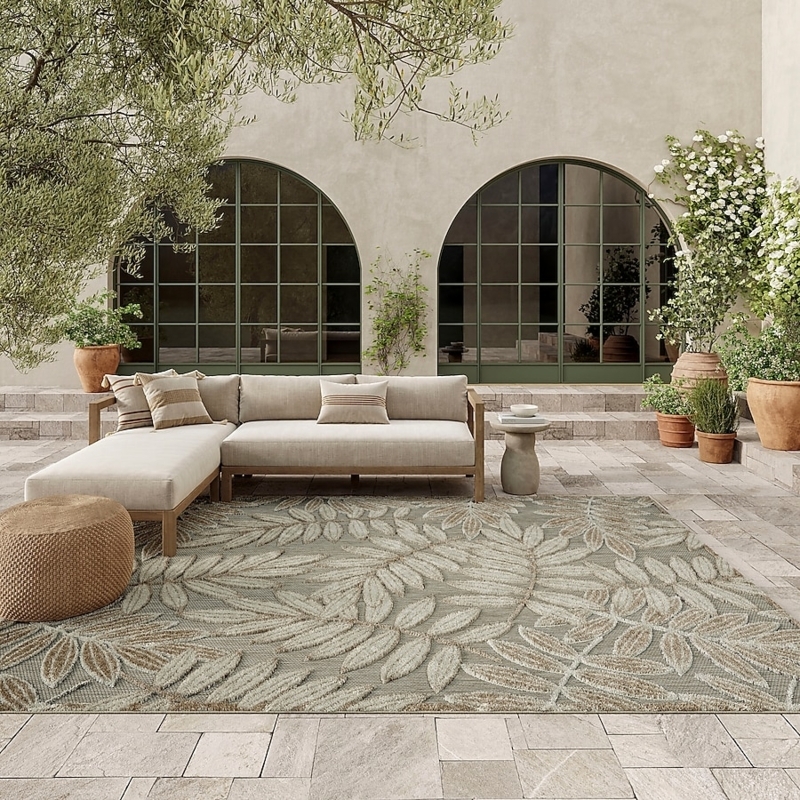 Area Rug High Low Pile Botanical Floral Pattern Poolside Patio