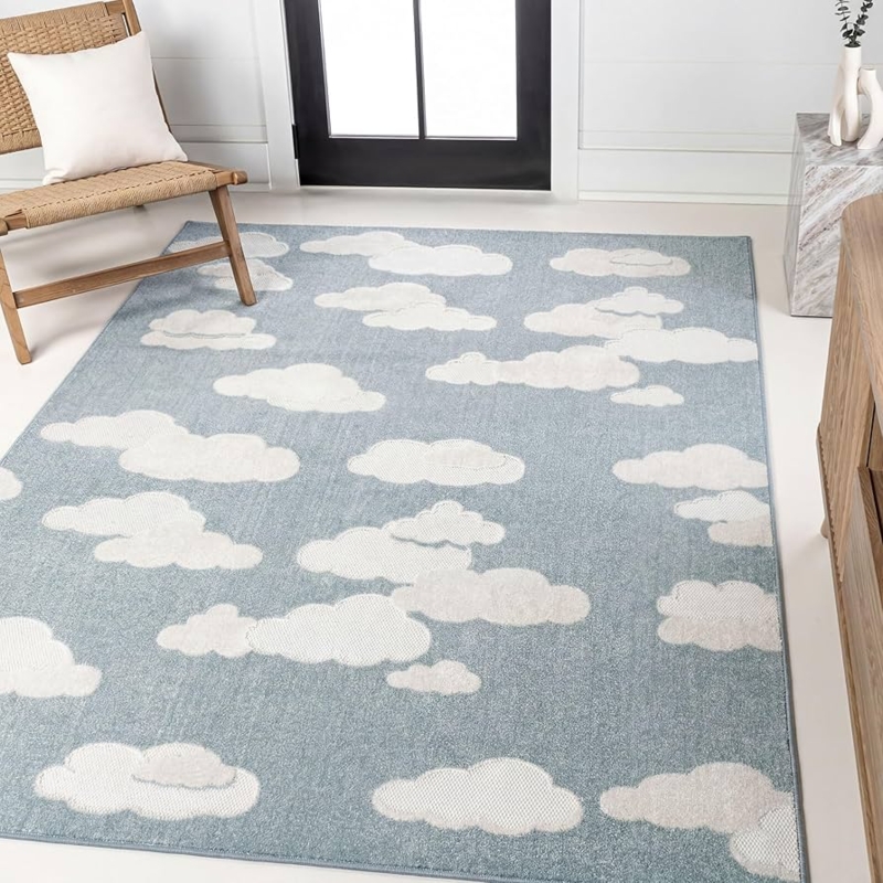 Area Rug: High Low Pile, Cloud Blue Color, Scandinavian Kids Bedroom Rug