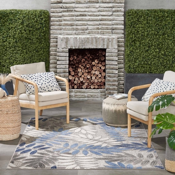 Area Rug High Low Pile Oversized Botanical Grey Blue Texture