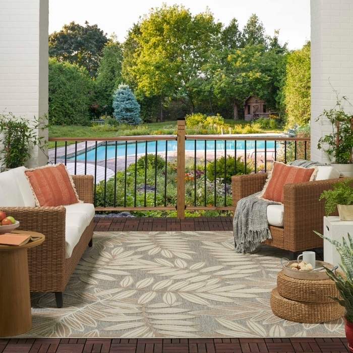 Area Rug High-Low Weave Tropical Leaf Motif Blue Beige Patio Decor