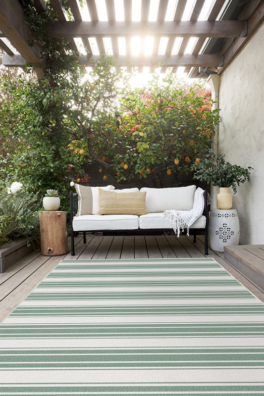 Area Rug: Horizontal Stripe Flatweave, Modern Sage Green & White