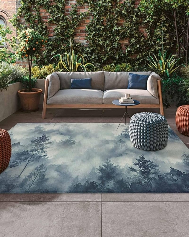 Area Rug Illustrated Forest Scene Plastic Straw Vintage Patio Decor