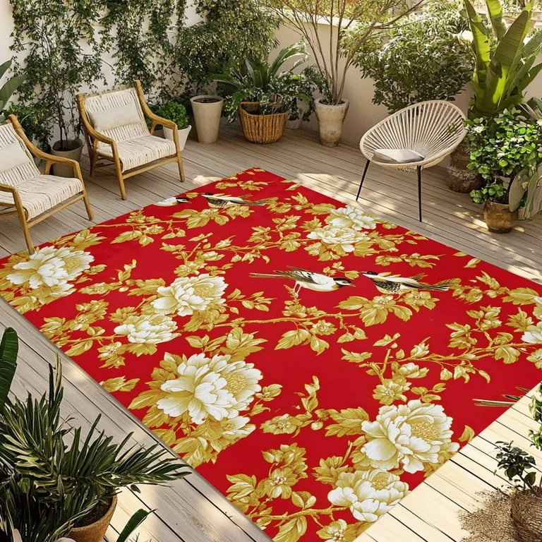 Area Rug Illustrative Bird Design Maximalist Botanical Print Low Pile