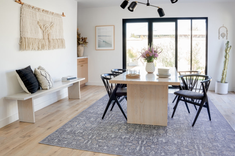Area Rug in Blue Grey Pattern with Macrame Wall Decor