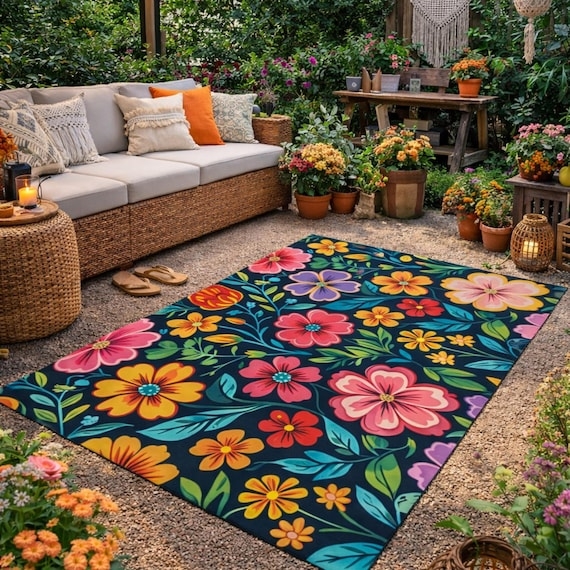 Area Rug Intricate Boho Print High Contrast Floral Woven Patio