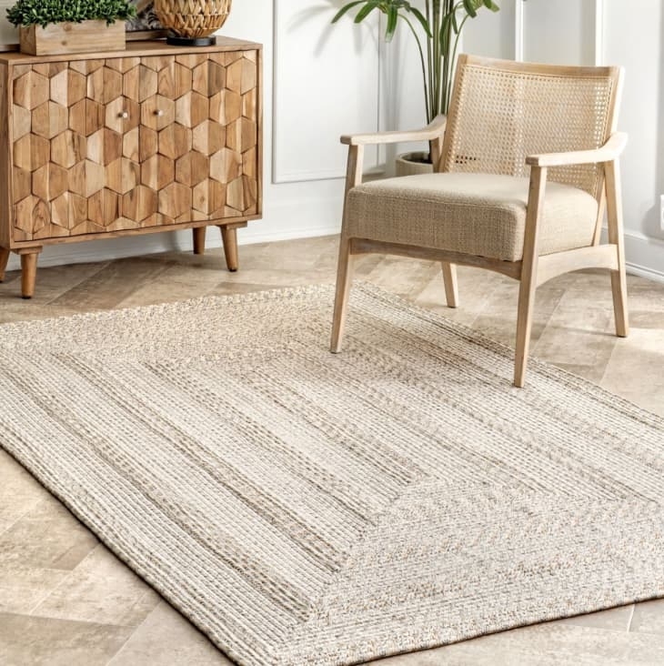 Area Rug: Ivory Braided Border Tight Weave Coastal Style