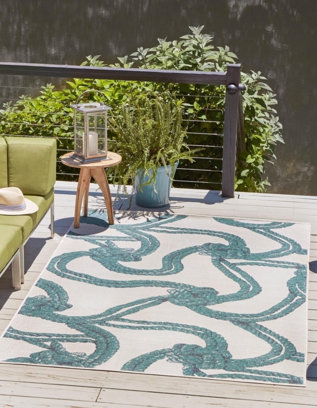 Area Rug Ivory Distressed Oriental Motif Weather Resistant Rug