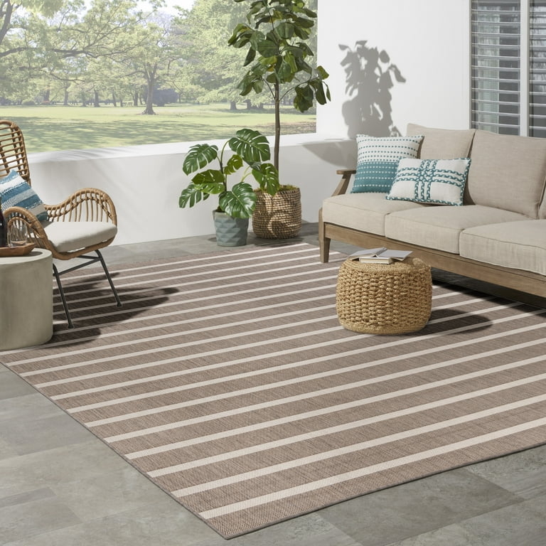 Area Rug: Ivory High-Low Texture with Beige Border Coastal Patio