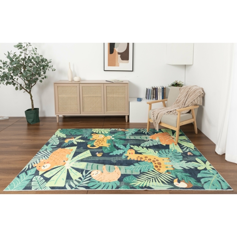 Area Rug Jungle Animal Theme Navy Blue Nursery Decor Mat