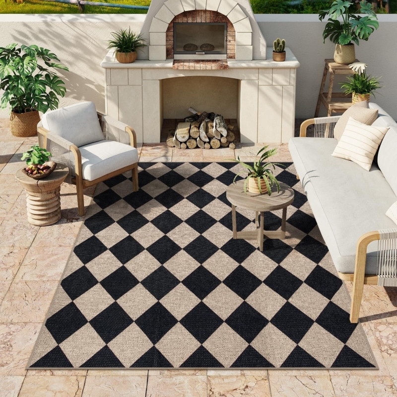 Area Rug Jute Like Material Black Beige Checkered Patio Decor