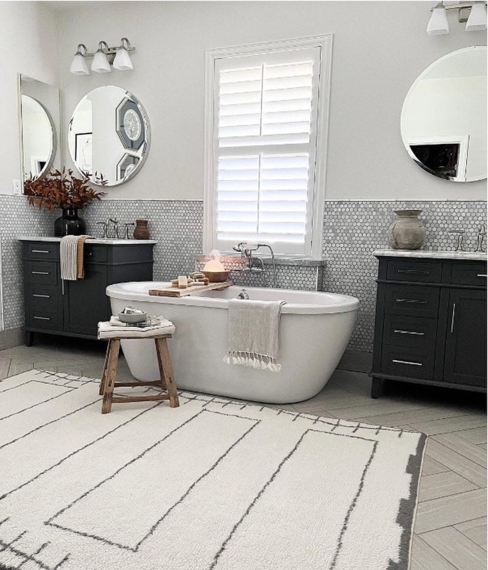 Area Rug: Large Geometric Print, Charcoal Vanities, Hex Tile Backsplash