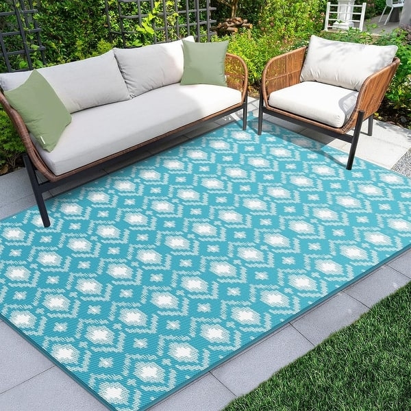 Area Rug Large Navy Trellis Pattern Water Resistant Flatweave For Decks
