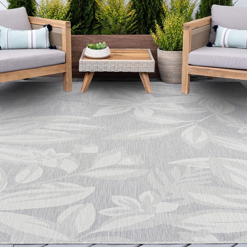 Area Rug: Large Scale Botanical Patio, Gray Floral Outdoor Rug Decor