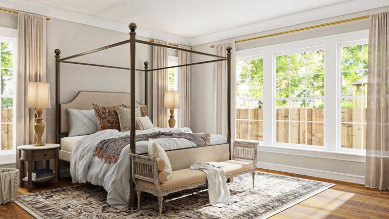 Area Rug: Large Scale Distressed Pattern under Metal Canopy Bed frame.