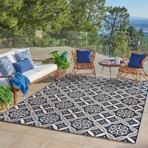Area Rug, Large-Scale Floral Print, Navy and Beige, Low-Profile Edges