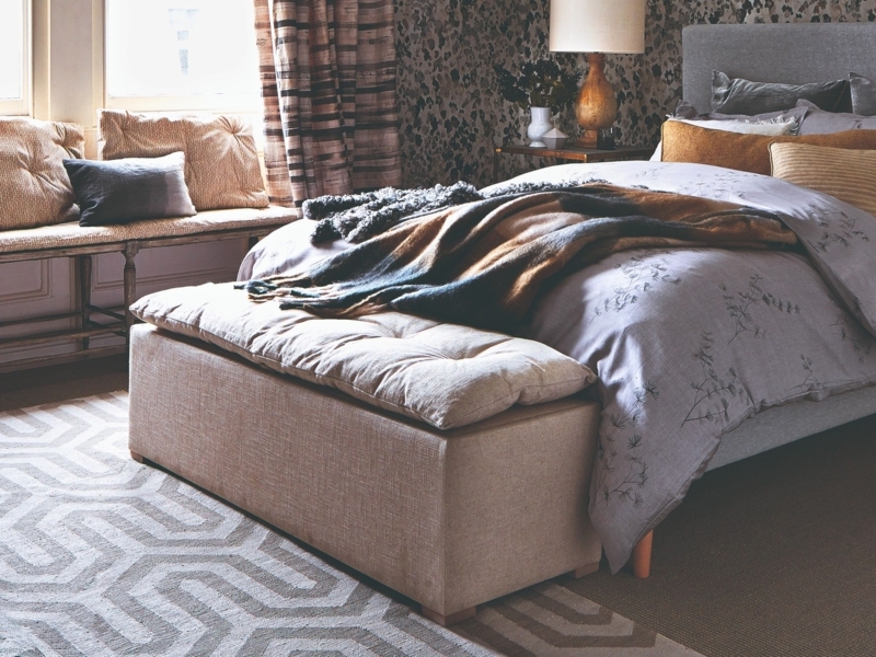 Area Rug: Large Scale Geometric Pattern and Upholstered Storage Bench.