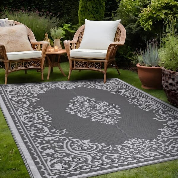 Area Rug Large Scale Medallion Pattern Gray White Bohemian Patio