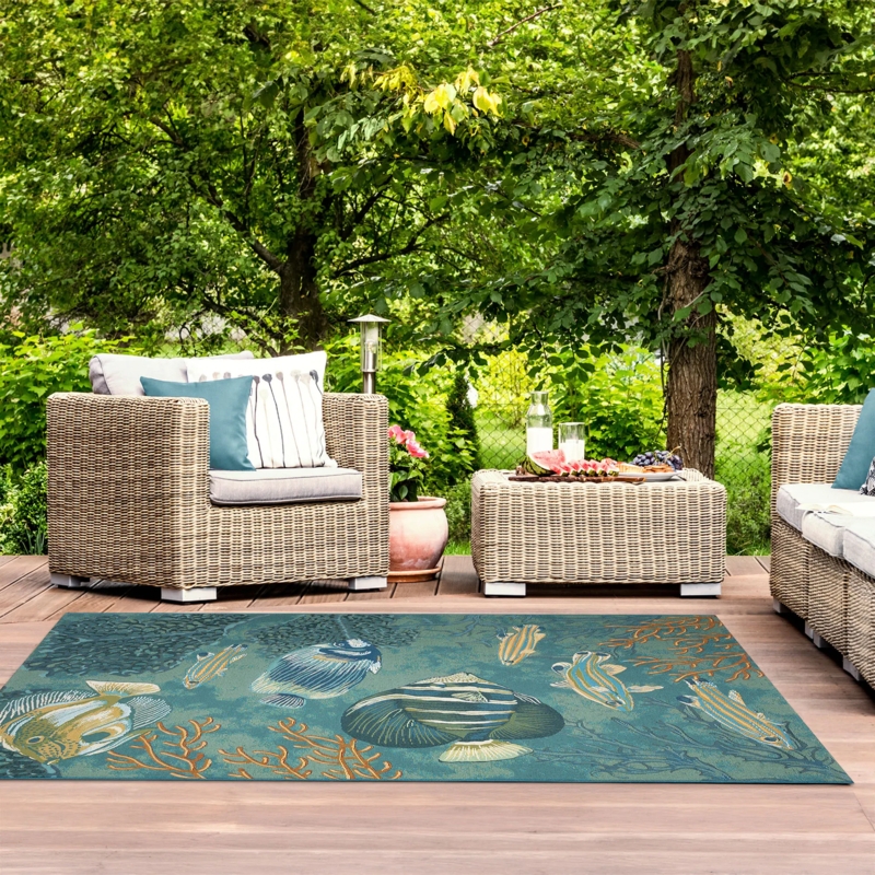 Area Rug Large Scale Tropical Fish Pattern Aqua Coastal Deck Decor