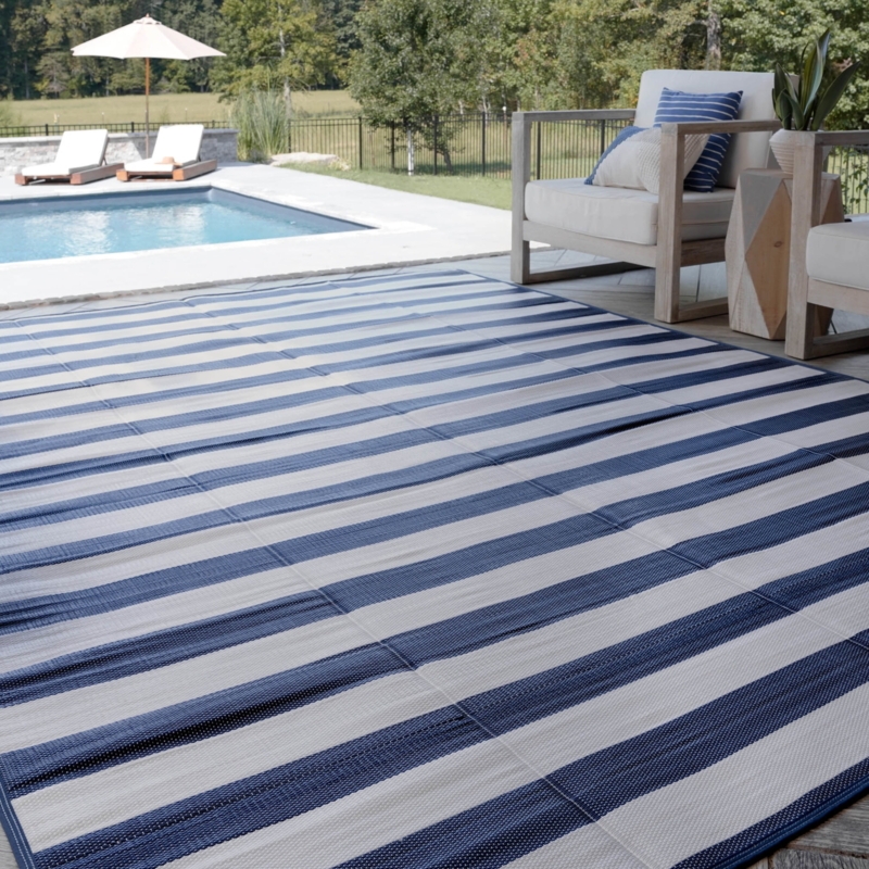 Area Rug Large Striped Reversible Waterproof Deck Navy Blue