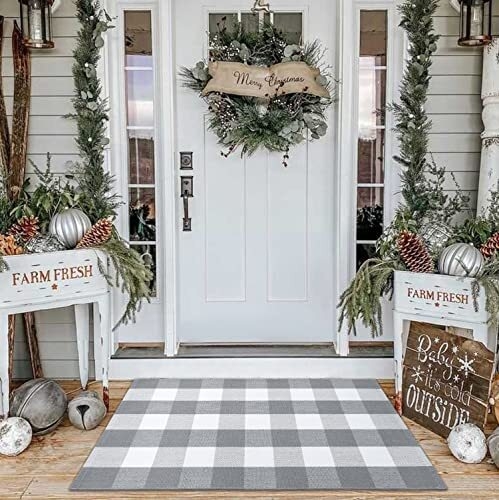 Area Rug Layered Doormat Grey Buffalo Plaid Porch Decor