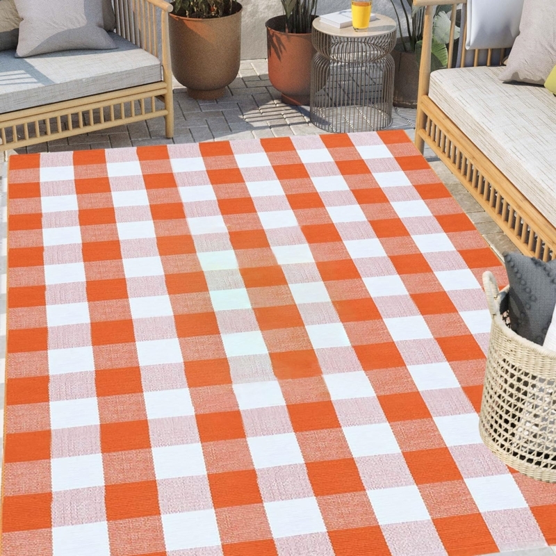 Area Rug Layered Porch Buffalo Plaid Orange Checkered Autumnal